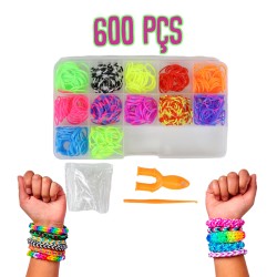 Kit Pulseira Fábrica Elásticos Silicone Maleta Loom Band Miçangas 600 pçs C/ Manual