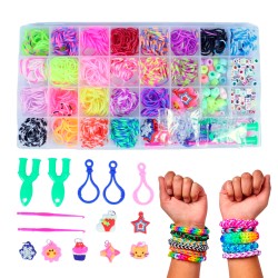 Kit Pulseira Fábrica Elásticos Silicone Maleta Loom Band Miçangas 1564 pçs C/ Manual