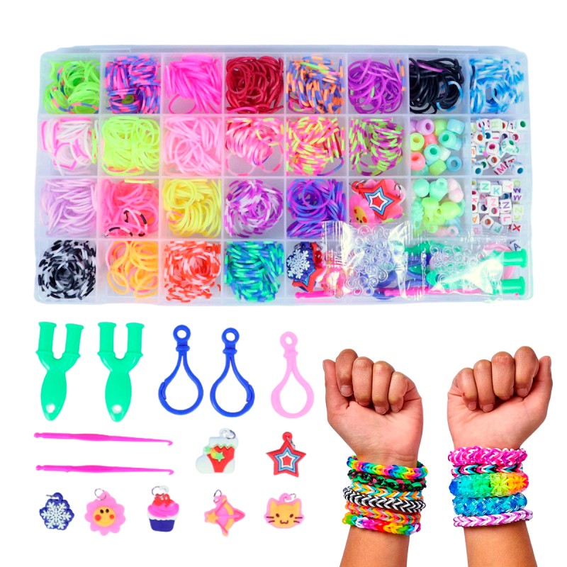 Kit Pulseira Fábrica Elásticos Silicone Maleta Loom Band Miçangas 1564 pçs C/ Manual