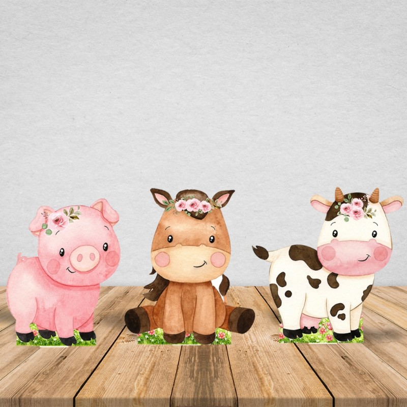 Kit 3 Totens Display MDF Adesivado Fazendinha Rosa Menina 50cm