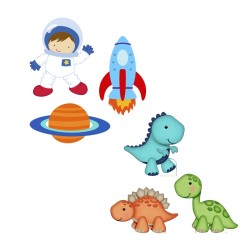 Kit 06 Totens Display MDF Adesivado Pézinho Astronauta Menino e Dinossauros 25cm