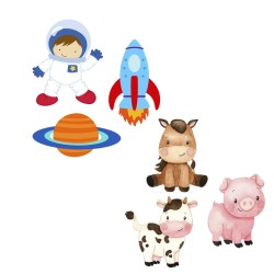 Kit 06 Totens Display MDF Adesivado Pézinho Astronauta Menino e Fazendinha 25cm