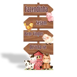 Totem Placa Display MDF Adesivado Pézinho Fazendinha Decoração Festa Setas 65cm